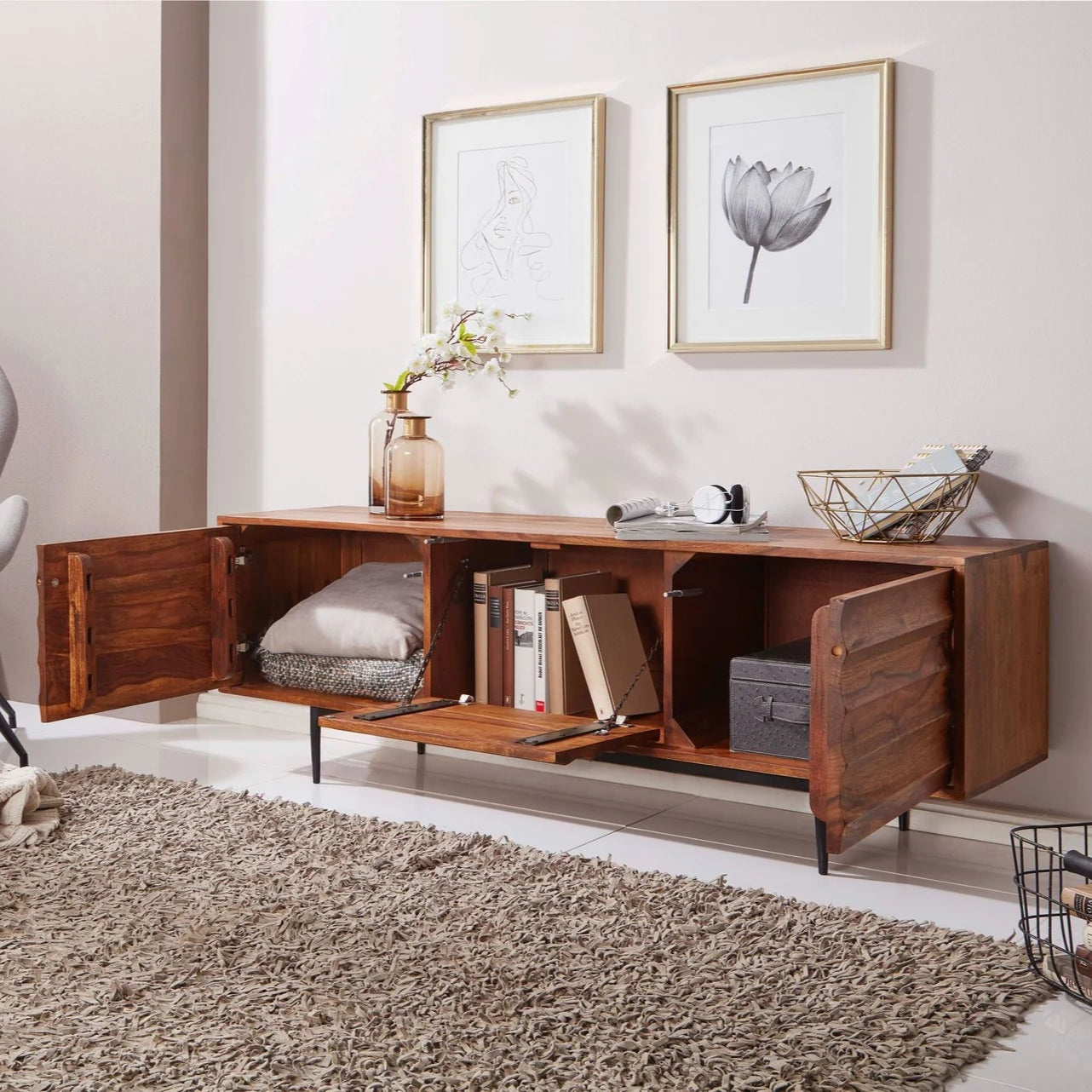 Caen Solid Wood Tv Cabinet Iron Base by Woodshilp