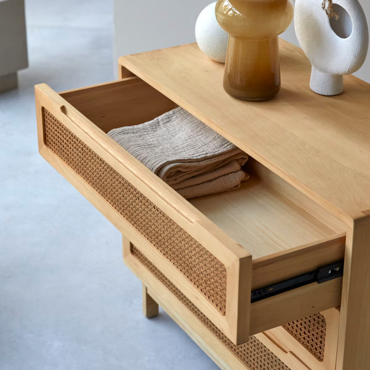 Luis Solid elmand cane chest of drawers by Woodshilp