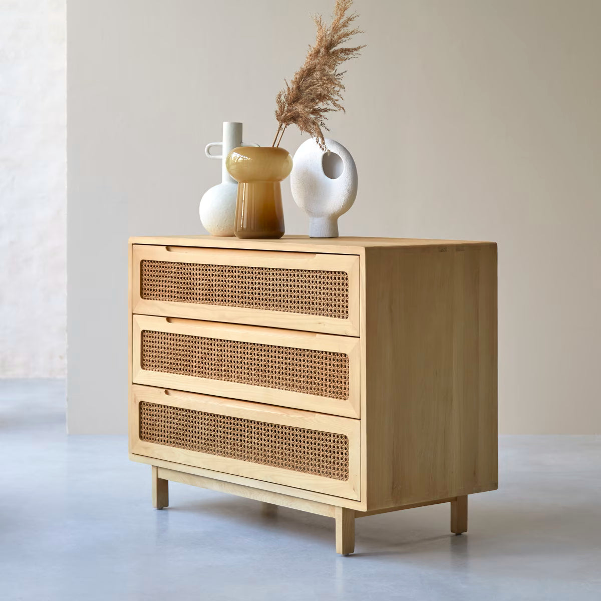 Luis Solid elmand cane chest of drawers by Woodshilp
