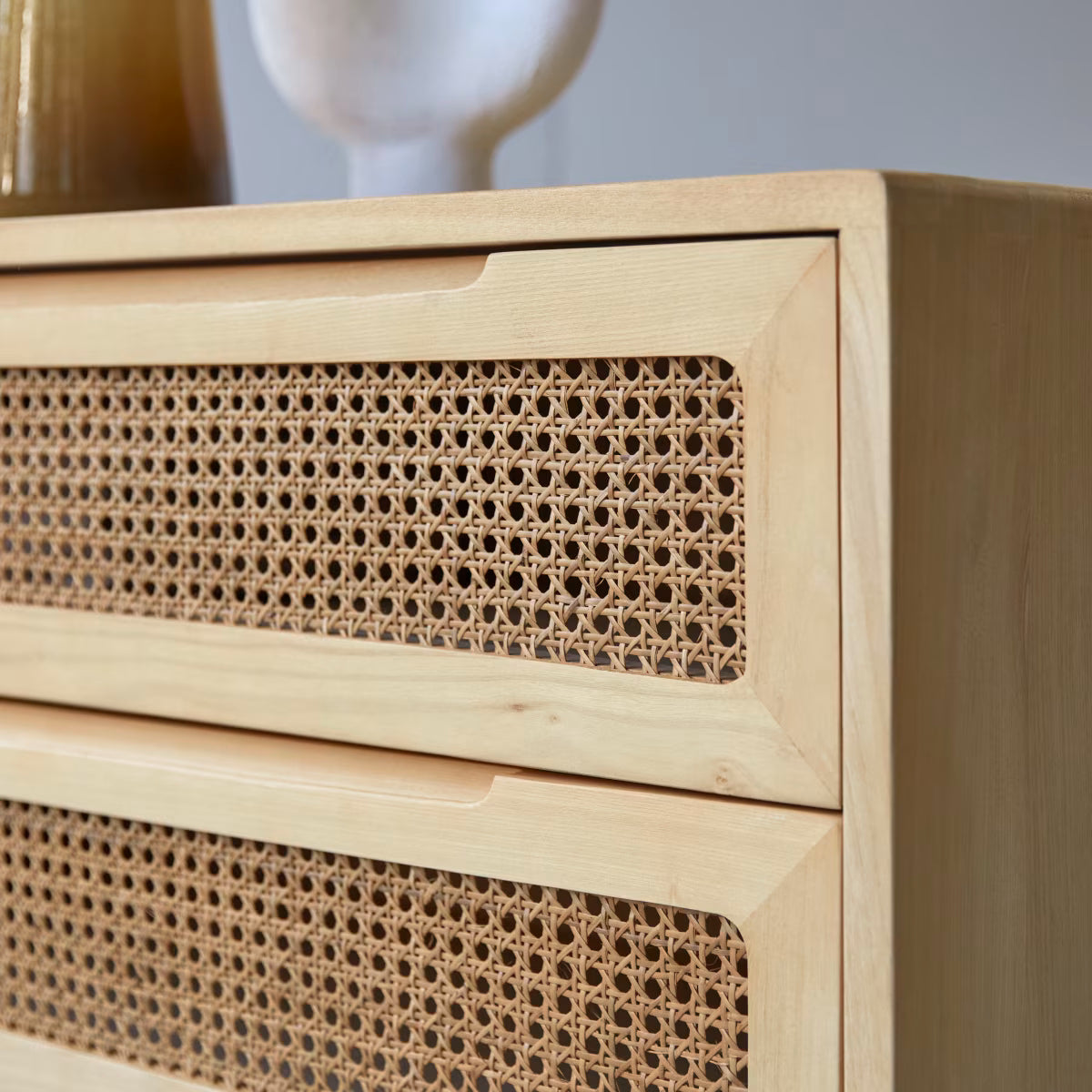Luis Solid elmand cane chest of drawers by Woodshilp