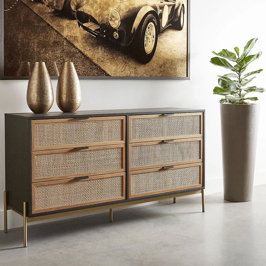 Jamir Rattan & Wood 6-Drawer Dresser by woodshilp furniture -  in Jaipur by Woodshilp